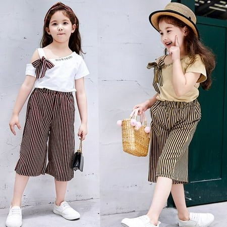 

2Pcs Children Girls Casual Short Sleeve T-shirt+Striped Print Shorts Suits