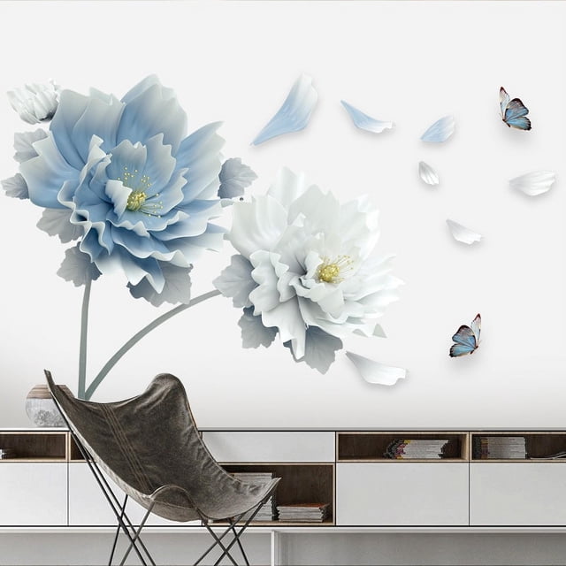 Pegatinas de pared extraíbles de mariposa de loto de flor blanca y azul grande, calcomanías de arte de pared 3D, arte Mural para sala de estar, dormitorio, decoración del hogar Xemadio 2022817-1