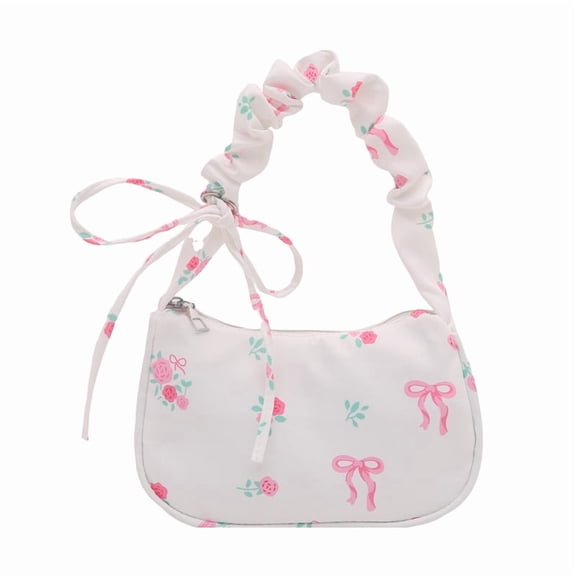 Elegant White Floral Canvas Shoulder Bag, Large Capacity Lightweight Bow Hobo Purse, Sweet Daily Dating Underarm Bag for Women (White 21513580)