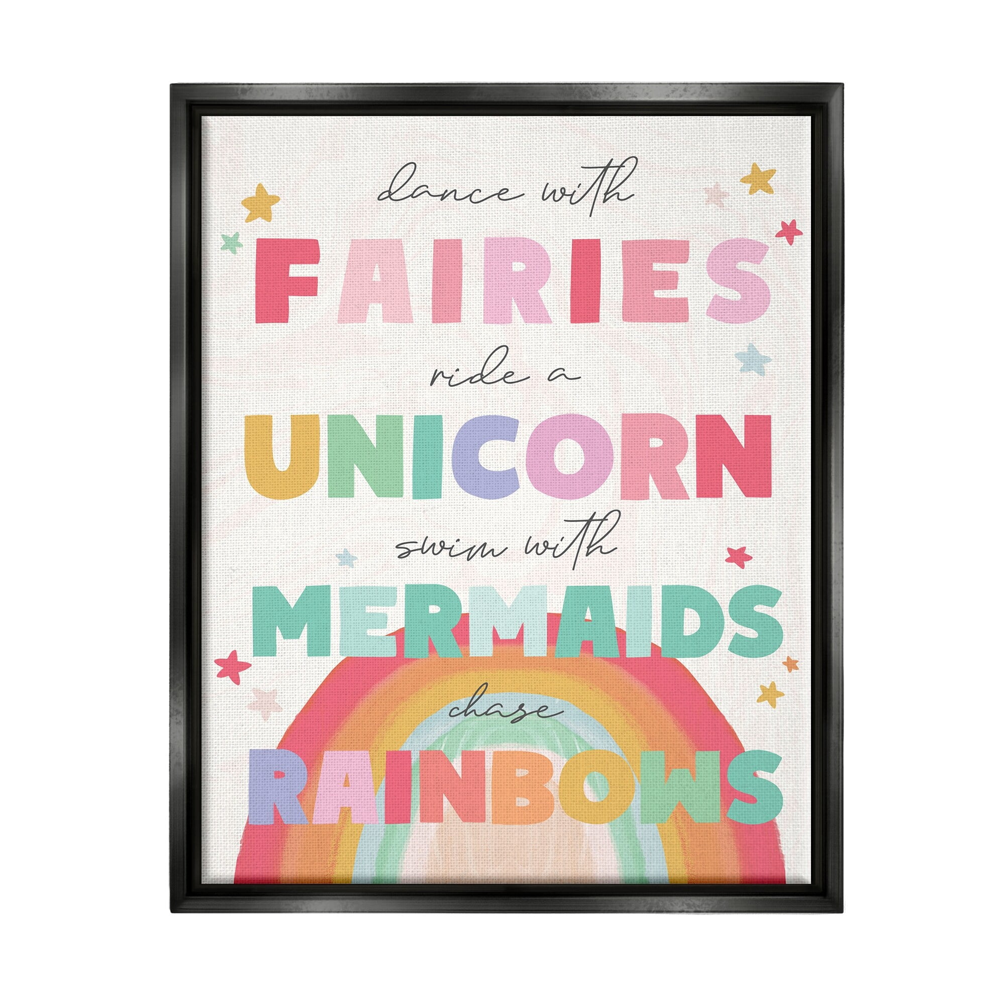 Stupell Industries Fairies Unicorns Mermaids and Rainbows Whimsical Design Jet Black Framed Floating Canvas Wall Art, 16x20, by Daphne Polselli