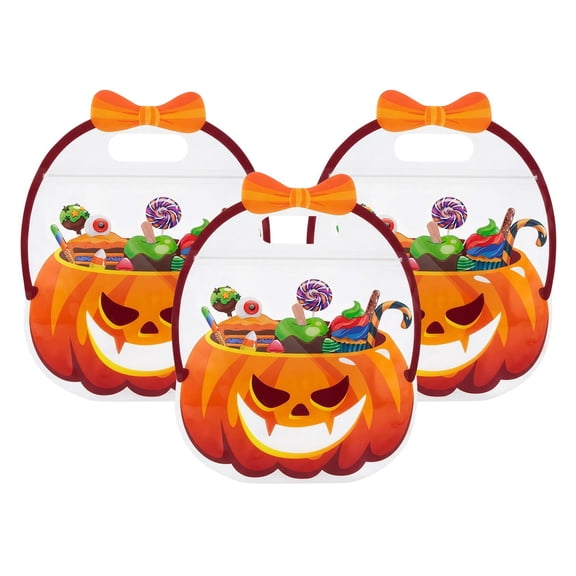 Halloween Pumpkin Plastic Candy Bags with Handle,Transparent Resealable Treat Goodie Bags for Kids Trick‑or‑Treat Party Favor Wrapping 3PCS