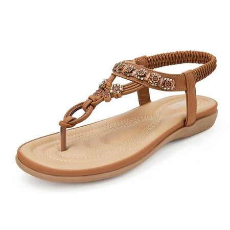 

SHIBEVER Sandals for Women Summer Beaded Bohemian Flat Sandal Comfortable T Strap Flip Flop Shoes Brown