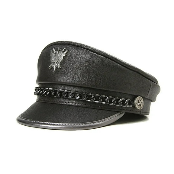 Novelty Winter Men's Genuine Leather Hat Male Flat Top Badge Locomotive Retro Caps Students Punk Cortical Chain Gorra ,Unique Design