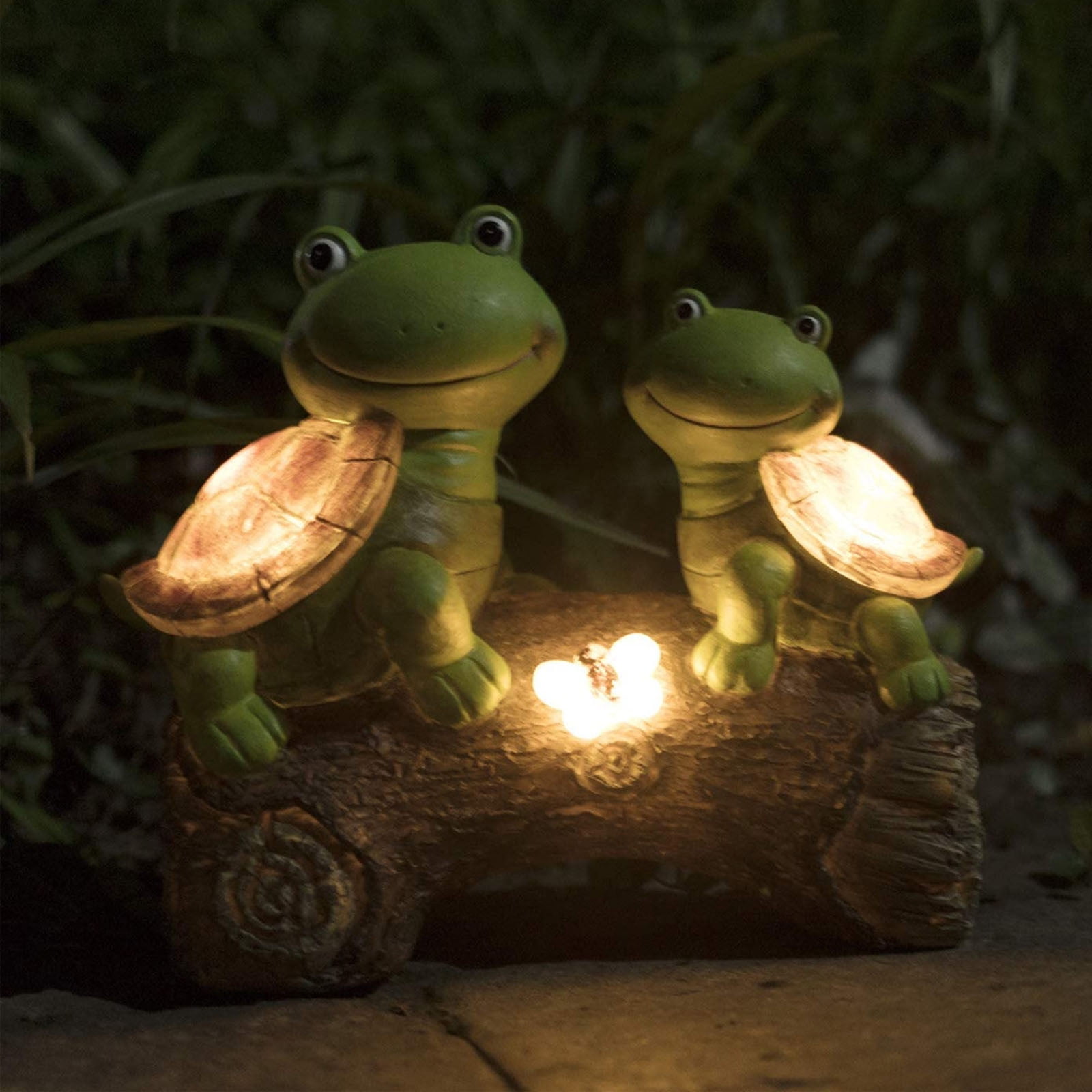 Garden Turtle Figurines Outdoor Decorations, Solar Powered Sweet Frog Face Turtles Resin Statue with Led Lights, Garden Art Spring Fall Winter Christmas Decor for Patio Lawn Yard