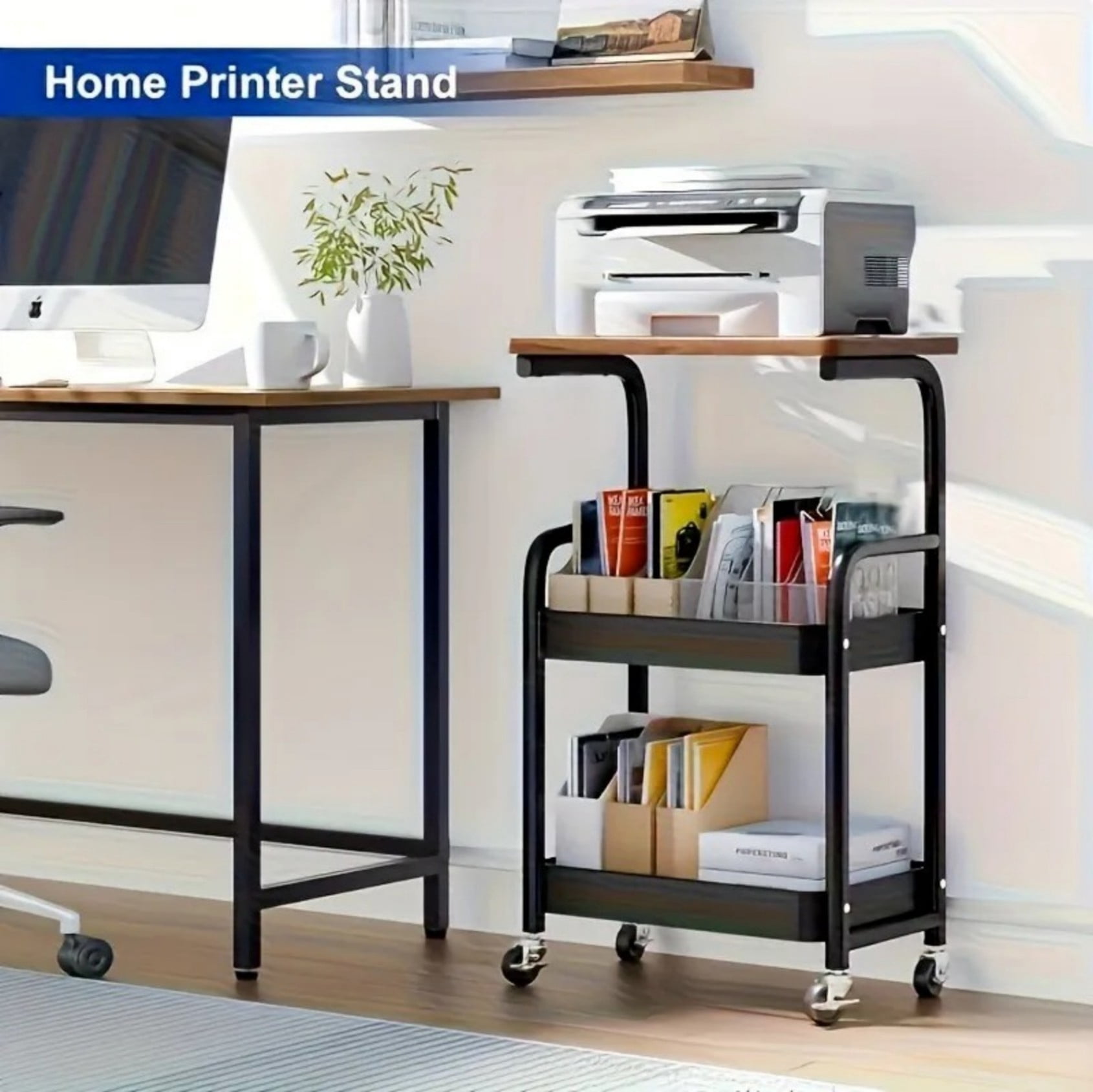 3 Tier Rolling Utility Cart with Walnut Wood Top, Heavy Duty Metal Storage Organizer Cart with Lockable Wheels for Kitchen Bathroom Coffee Bar