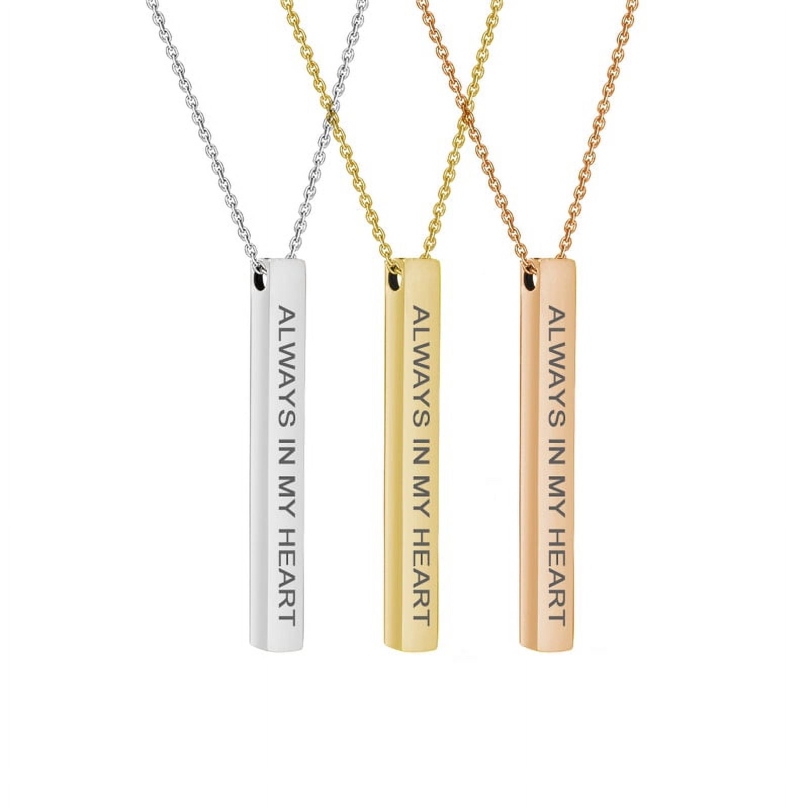 Always In My Heart Silver Stainless Steel Quote Bar Necklace Inspirational 4-Sided Bar Necklace Fathers Day Gift with Gift Box