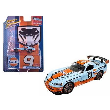 2008 Dodge Viper SRT10 #9 "Gulf Oil" Light Blue and Orange Limited Edition 1/64 Diecast Model car by Johnny Lightning