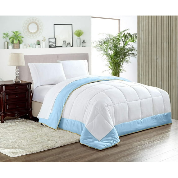 King Comforter Dual Tone Light Blue Luxurious Collection Microfiber Fill Duvet Insert Box Stiched Quilted Fluffy Soft All Season Comforter with Pillowcases & Premium Piping