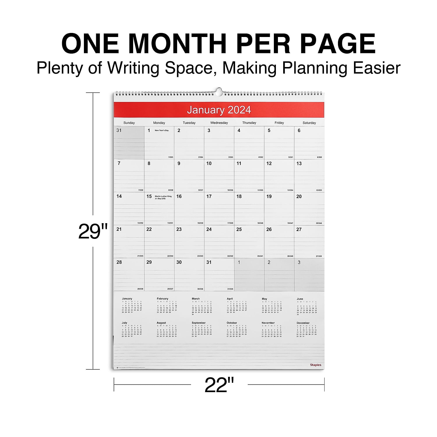 2024 Staples 22" x 29" Wall Calendar White/Red (ST53914-24) - Walmart.com
