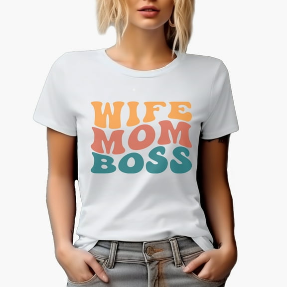 Wife, Mom, Boss, Mother's Day, Groovy Retro Wavy Text Merch Gift, White T-Shirt, Small