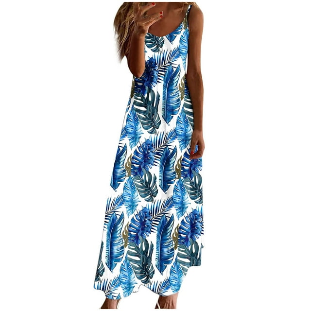 Staron Liquidation Robes d'Été pour Femmes 2025 Printemps Mode Florale Longue Fluide Col en V Robe Soleil Bretelles Spaghetti Vacances Robe Maxi
