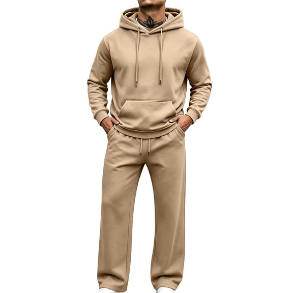 Mafeati Men's 2 Piece Tracksuits Casual Sweatsuits Long Sleeve Hoodies with Pocket Fleece Lined Lounge Sets, Khaki, M