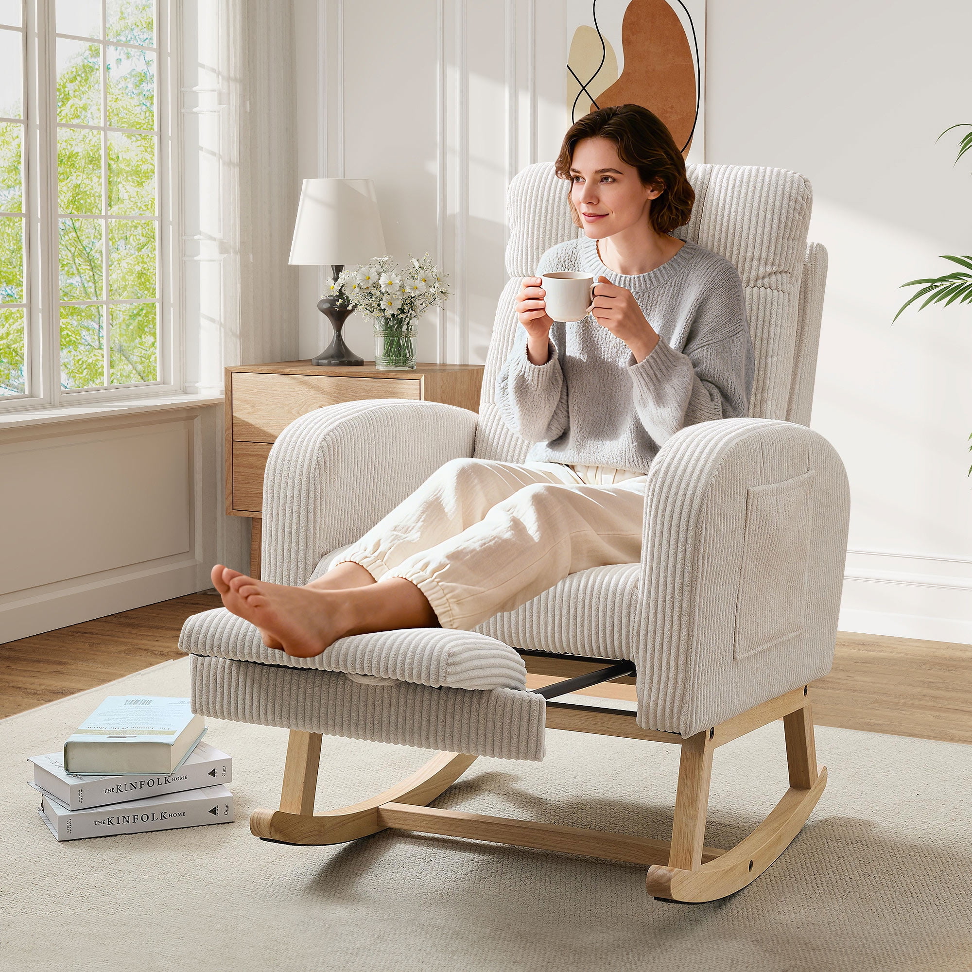 FFH Rocking Chair with Footrest, Rocking Chair for Nursery, Corduroy Armchair with High Backrest and Side Pockets, Accent Chair for Living Room, Bedroom, Beige