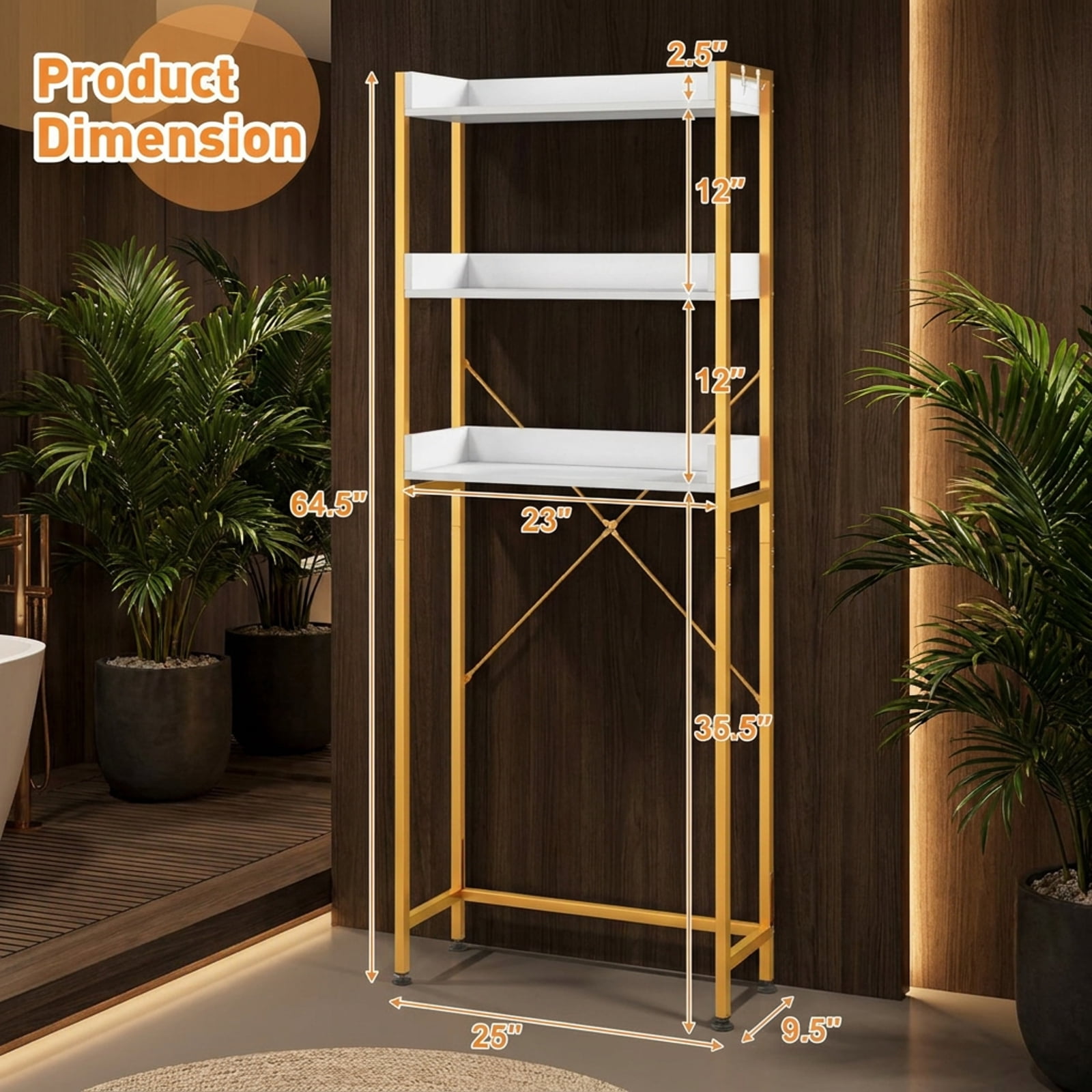 SUGIFT Over the Toilet Storage Rack with 4 Side Hooks 3 Tier Open Shelves Adjustable Bottom Bar Rustproof Metal Frame and X Shaped Structure, White