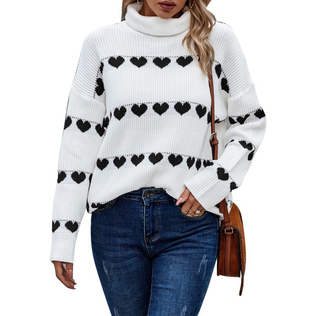 Suéter de cuello alto para mujer Moda casual Lindo suéter de manga larga con forma de corazón Suéteres para otoño invierno Fondo blanco Corazón negro M