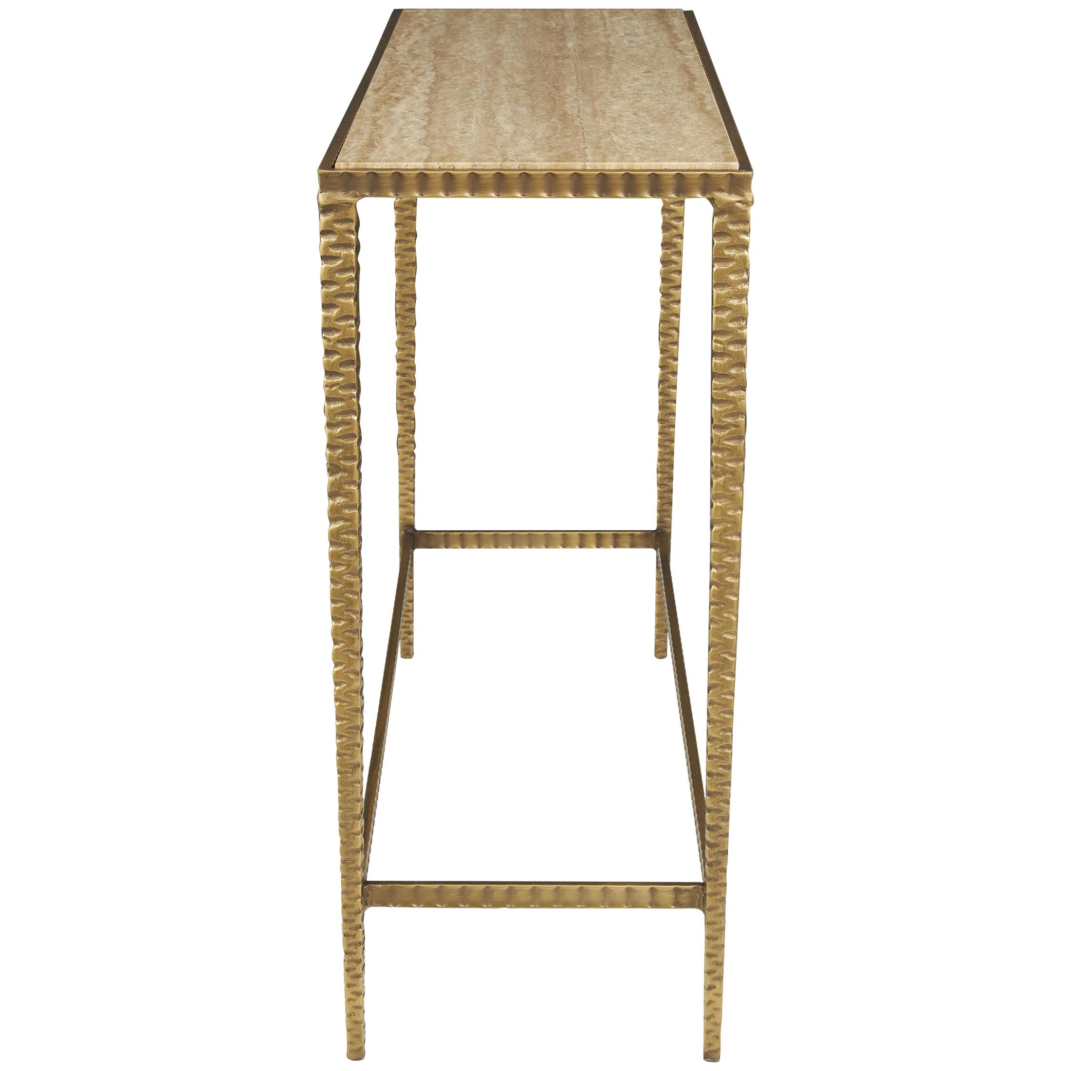 DecMode 37" x 28" Beige Marble Slim Rectangular Console Table with Hammered Gold Metal Legs, 1-Piece