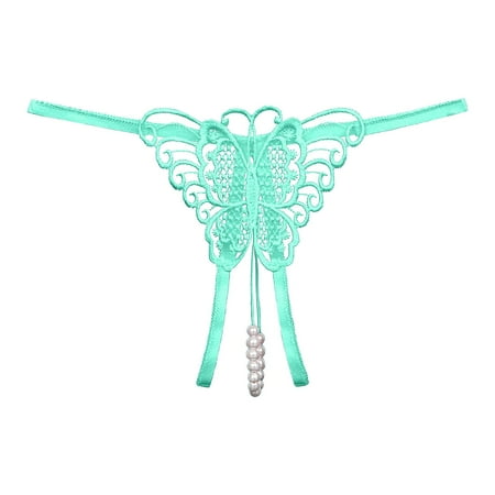 BKQCNKM Thongs for Women  Lace Underwear for Women  Lace Thongs  Cutout Pendant Pearl Beads Butterfly G String Thong Underpants  Valentines Day Underwear Green L