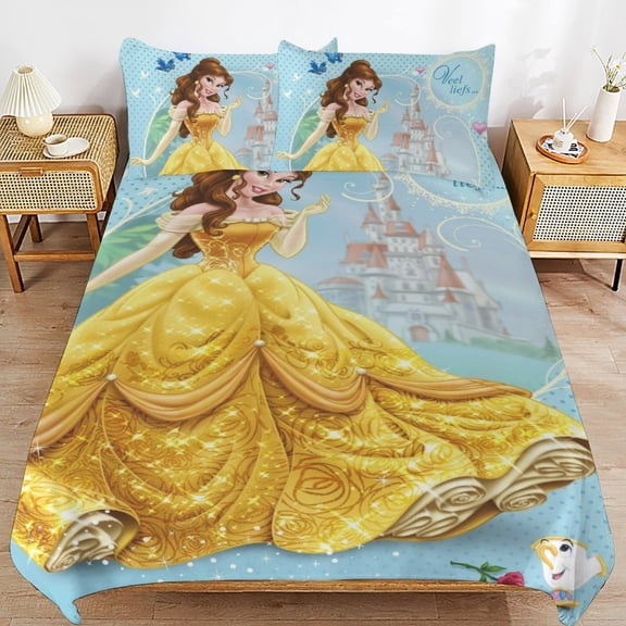 Comfortable Princess Belle Bedding 3 Pieces Set With Pillow Shams for All Seasons 86"x70"