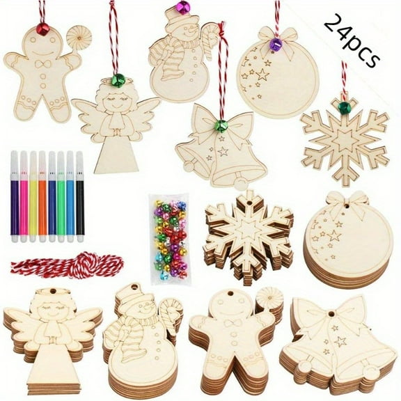 24PCS Unfinished Wooden Christmas Ornaments to Paint-3.5 x 3 inches Christmas Tree Angel Decoration Cutouts with pen, DIY Blank Unfinished Christmas Tree Wood Discs Ornament for Home Crafts Hanging