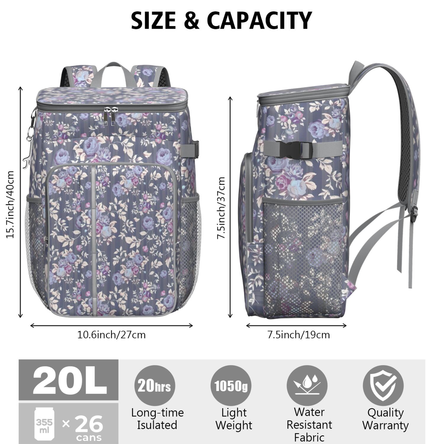 Travel Cooler Bag - Pioneer Flower Floral Print Pattern Camping Beer Cooler Backpack with Bottle Opener- Waterproof Insulated Picnic Backpacks - Cooler Bag for Beach