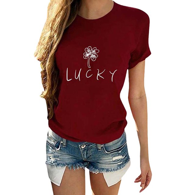 Innerwin Tee Manches Courtes Femmes Tops d'Été de Travail Lettre de la Chance T-Shirt Confortable Vin Rouge L