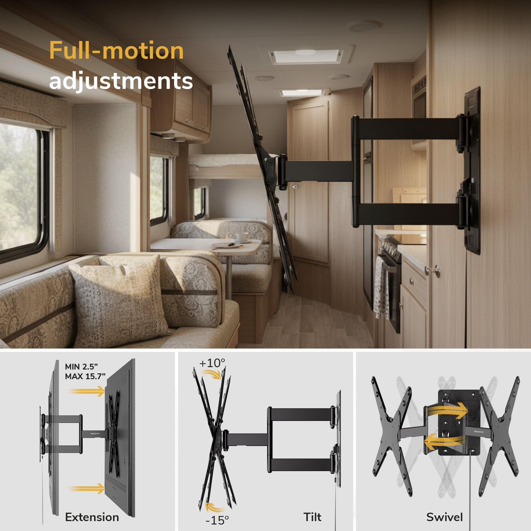 Mount-It! Full Motion TV Wall Mount, Perfect For RV's and Trailers, Fits 55" Screen, Retractable , Capacity 77 lbs.