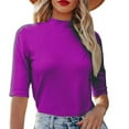 thumbnail image 2 of MIXUE Womens Summer Tops Knitted Solid Color Round Neck Short Sleeve Fashion Casual Elastic Slim Tight Formal Shirts For Women Tshirts Holiday Wear,Purple,S, 2 of 4