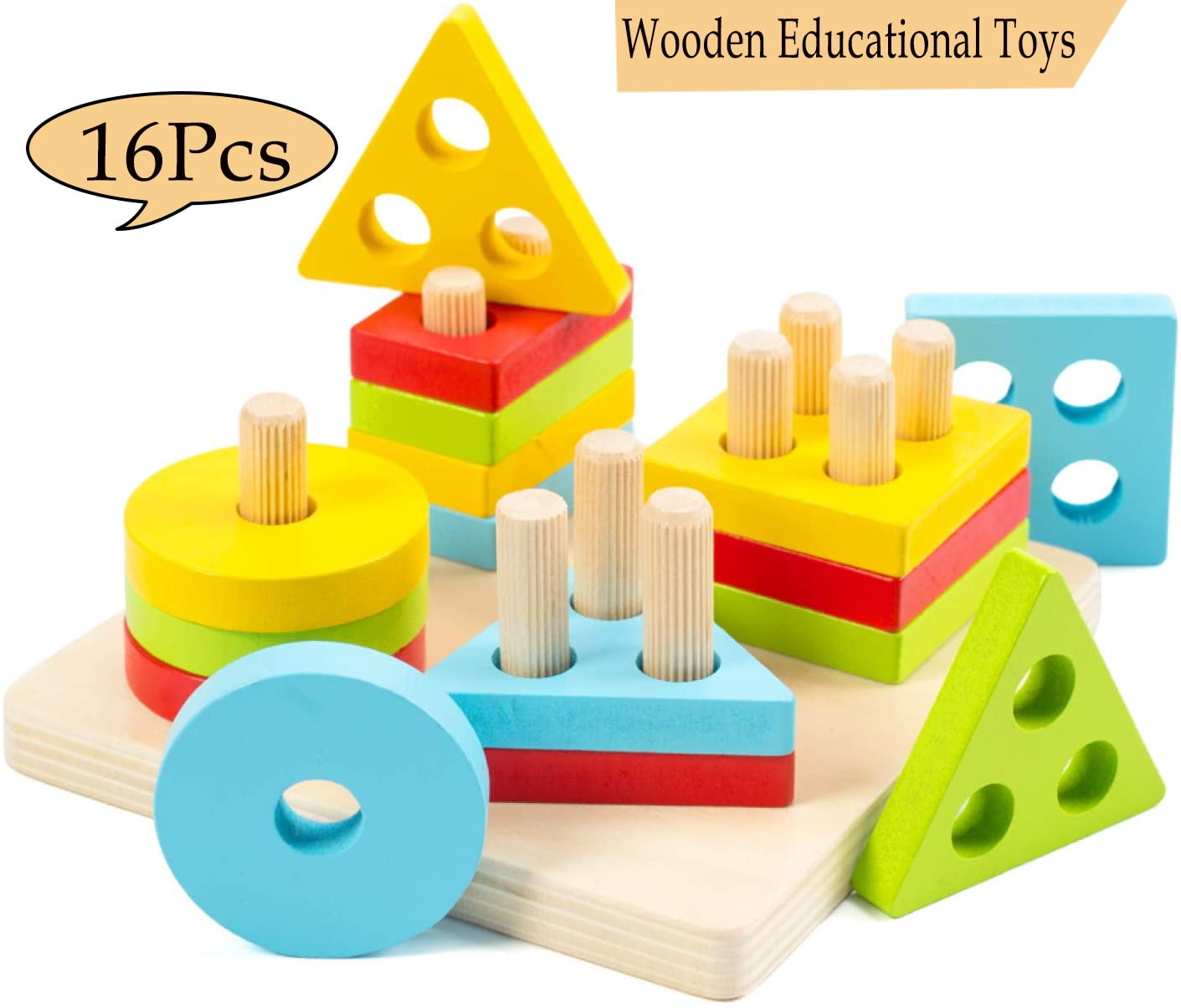 Wooden  Blocks Puzzle Toddler Toy Shape Sorter Preschool Geometry Stacking Game 