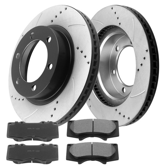 Front Drilled & Slotted Disc Brake Rotors   Ceramic Pads   Cleaner & Fluid Fits for 2003-2009 Toyota 4Runner, 2005-2020 Toyota Tacoma, 2007-2014 Toyota FJ Cruiser
