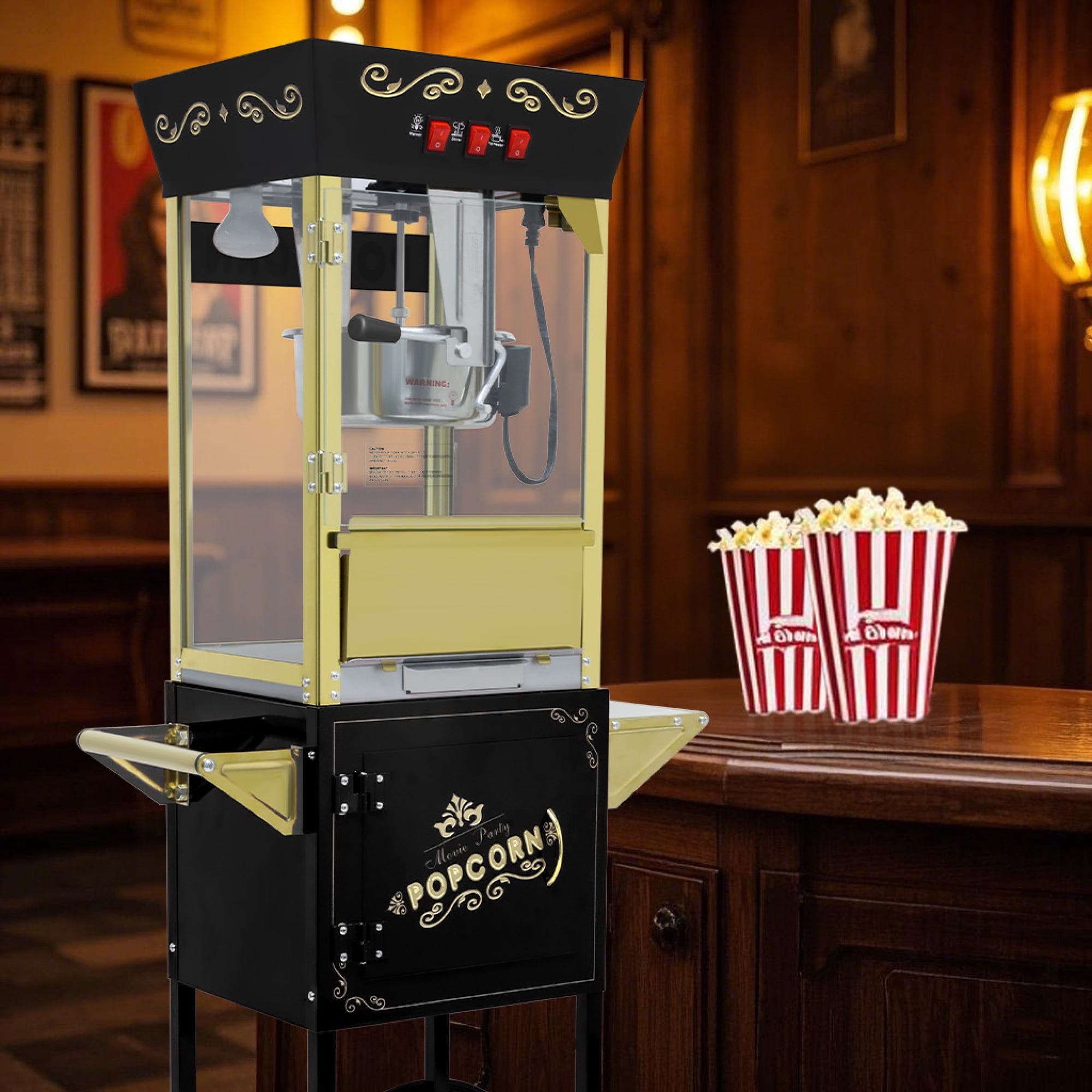 Leumius 12oz Popcorn Machine Cart, Popcorn Cart with Wheels, Vintage Popcorn Machine with Stainless Steel Kettle,for Parties, Events, Home Theater Black