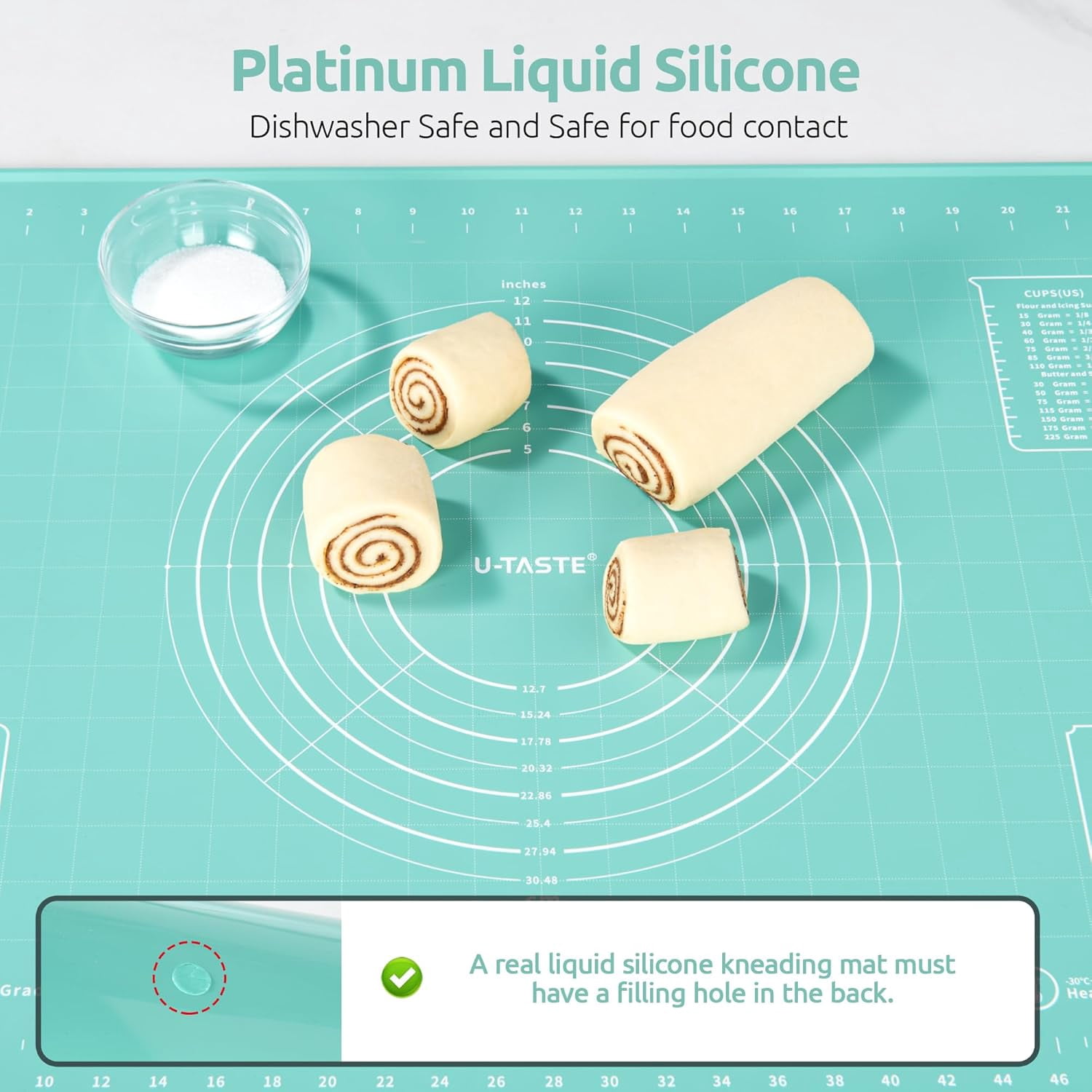 U-Taste Large Silicone Pastry Mat: 20inx16in Food-Grade Non-Stick Dough Rolling Baking Sheet, Non Slip for Kneading Prep Pizza, Fondant, Pie Crust with Clear Measurement and Raised Edges (Aqua Sky)