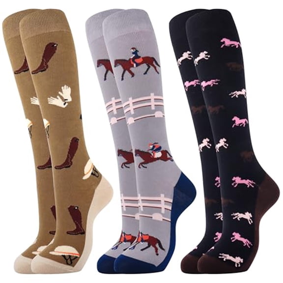 LSQii Socks for Women Men Casual Lightweight Soft Knit Mid-Calf Crew Sock Horse Print Breathable Cotton Leg Warmers Travel Athletic Work Everyday Wear Black