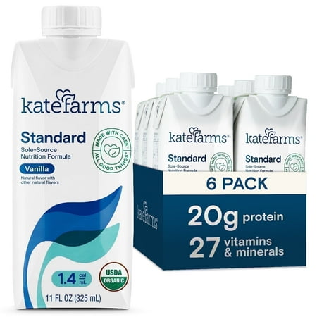 Kate Farms Organic 1.4 High Calorie Adult Nutrition Shake, Vanilla, 20g Protein, 27 Vitamins and Minerals, 11 oz (6 Pack)
