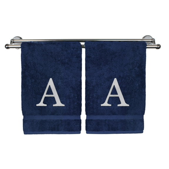 Monogrammed Hand Towel, Personalized Gift, Set of 2- White Block Letter Embroidered Towel - Extra Absorbent 100% Turkish Cotton - Soft Terry Finish - Initial A Navy