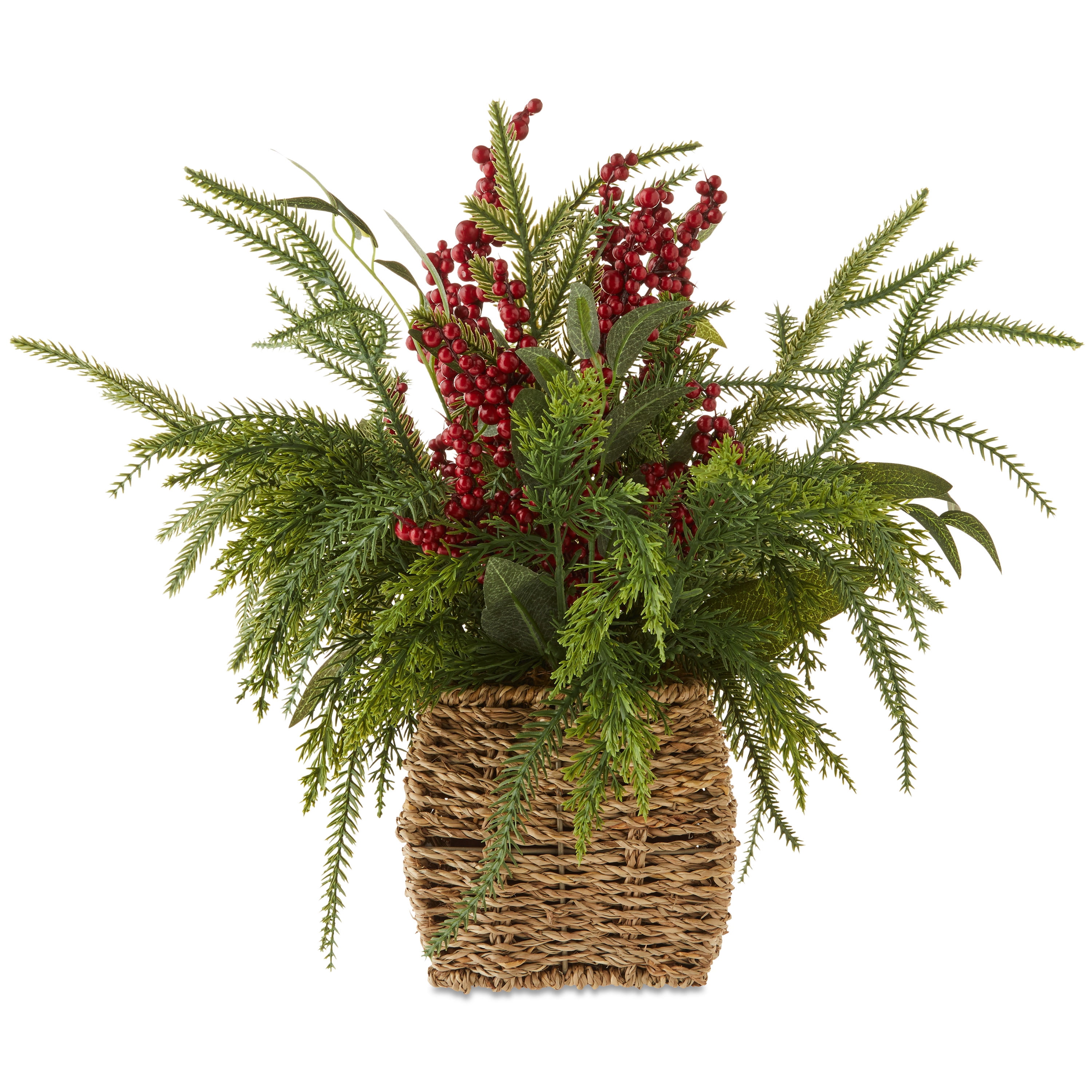 Winter Floral Basket with Berries Christmas Tabletop Decoration, Green and Red, 15", by Holiday Time