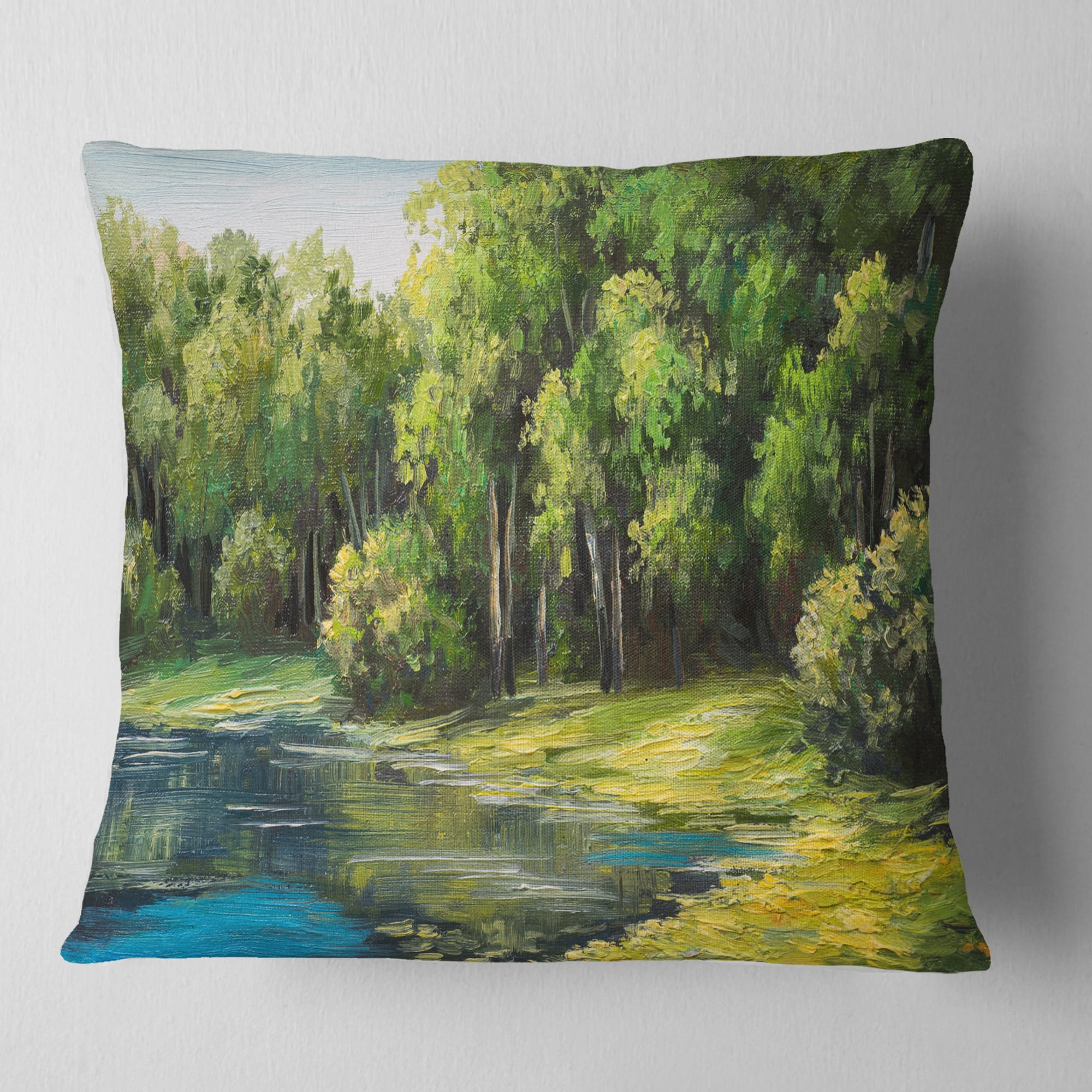 Designart Summer Day Lake in Forest - Landscape Printed Throw Pillow - 16x16