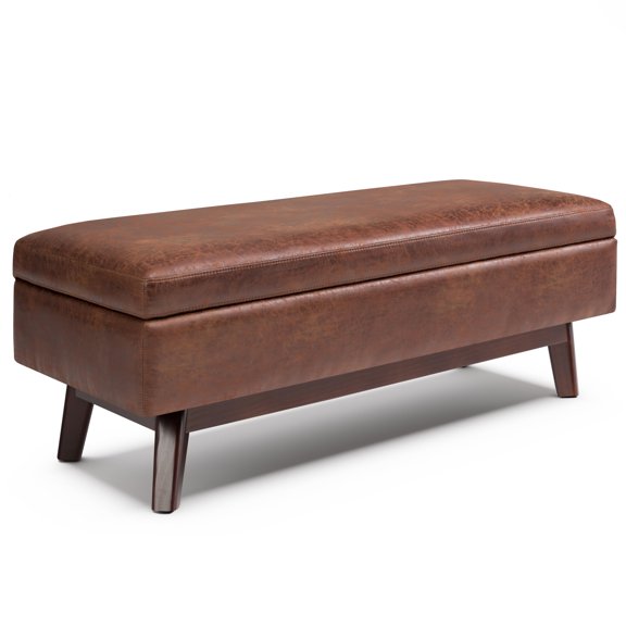 Simpli Home Owen 48 inch Wide Mid-Century Modern Rectangular Storage Ottoman in Distressed Saddle Brown Vegan Leather