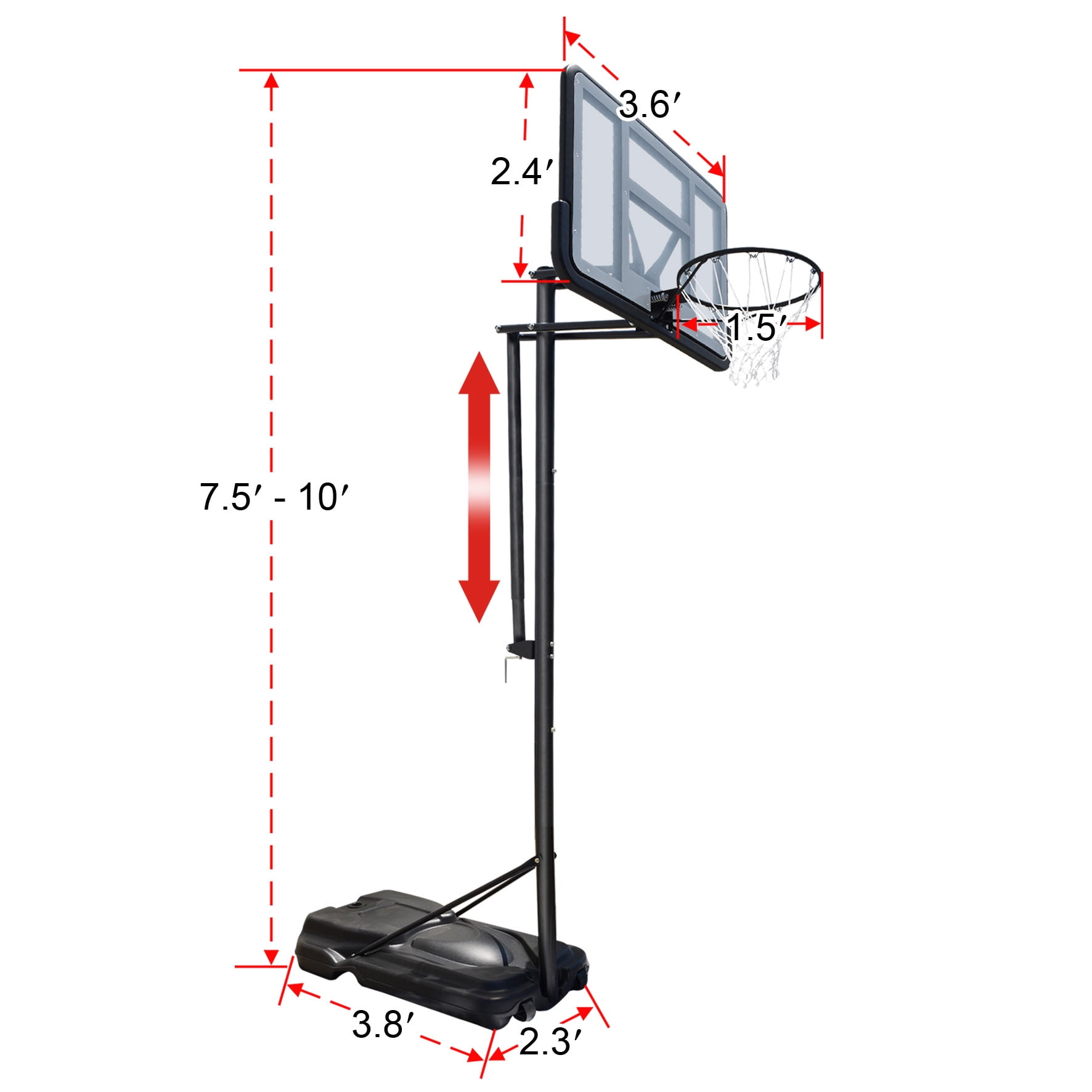 Sunny Portable Basketball Hoop & Goal Height Adjustable Basketball System Stand, with base & Wheels for Adult Youth Kids Indoor Outdoor Use