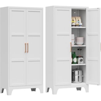 68" Tall Kitchen Pantry Cabinet With Wine Rack & Outlet - Modern Buffet Hutch With Microwave Stand, White