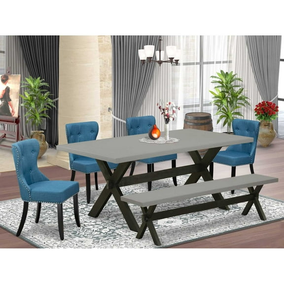 East West Furniture X697SI121-6 6-Pc Dinette Room Set- 4 Dining Room Chairs with Blue Linen Fabric Seat and Button Tufted Chair Back - Rectangular Top & Wooden Cross Legs Kitchen Dining Table and...