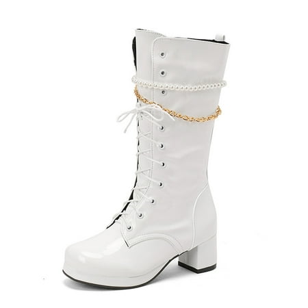 

Gomelly Womens Fashion Mid-Calf Boot Casual Lace Up Heeled Boots Party Work Comfort Round Toe White 7