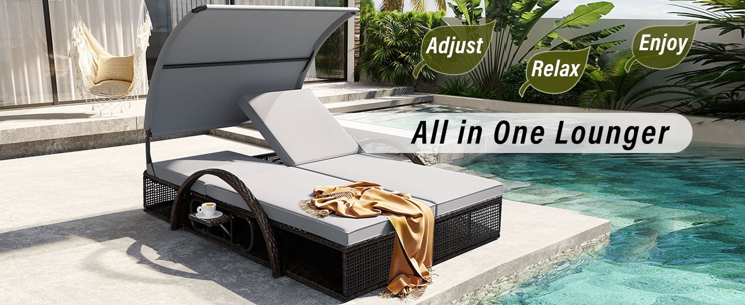 Mintazer 72.8" Outdoor Double Chaise Lounge with Adjustable Canopy & Pop-Up Side Table, Patio Double Sunbed with Arched Armrests for Patio Poolside, Brown & Gray
