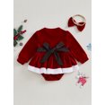 thumbnail image 4 of ZINTAOZT Newborn Baby Girls Red Velvet Romper Dress Furry Bowknot Long Sleeve Skirt Jumpsuit Headband Christmas Outfits, 4 of 8
