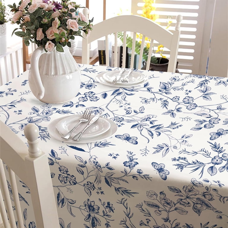 Patdrea Dark Blue Linen Rectangle Tablecloth – Vintage Floral Pattern, 55x71 Inches, For Dining & Holidays