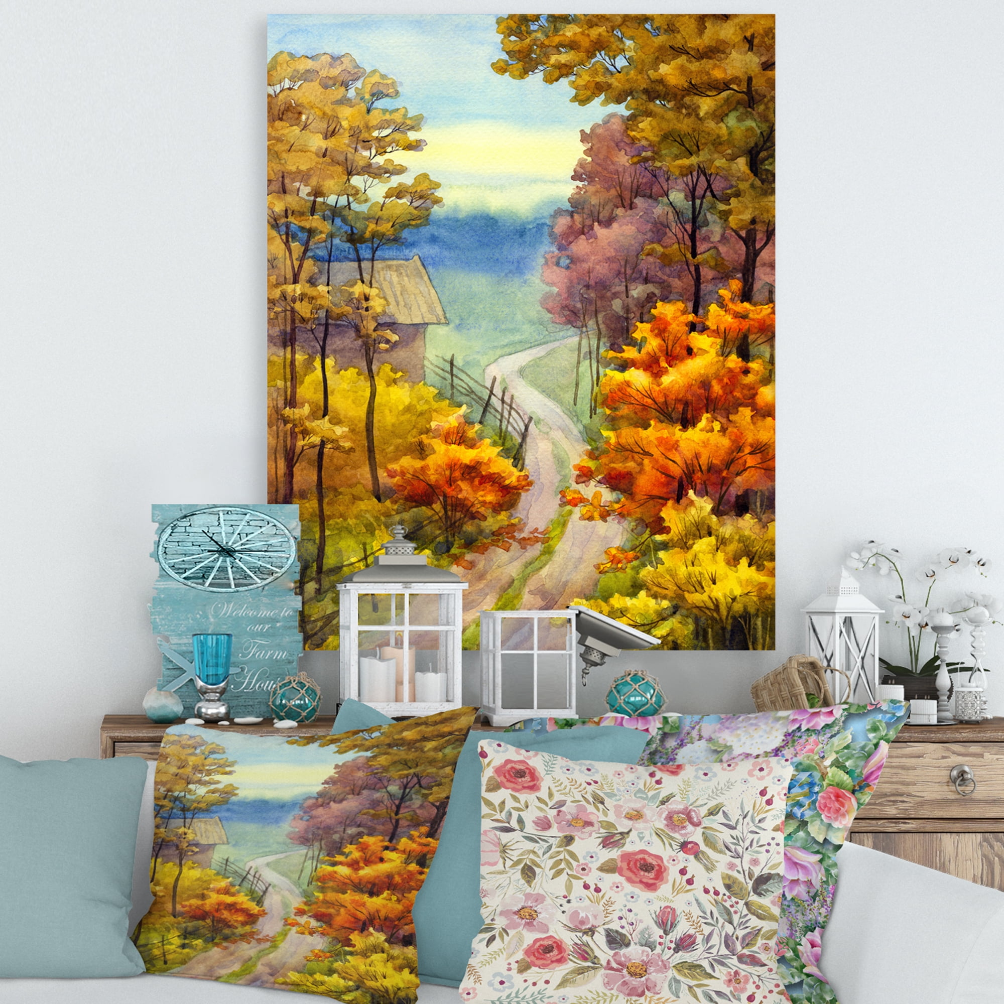 Designart ' Little Road Through VIbrant Autumn Scene ' Lake House Canvas Wall Art Print