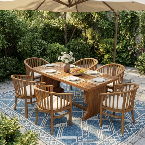 Christopher Knight Home 7-Piece Outdoor Acacia Wood Dining Set, 70" Teak Table with Cream Cushioned Chairs