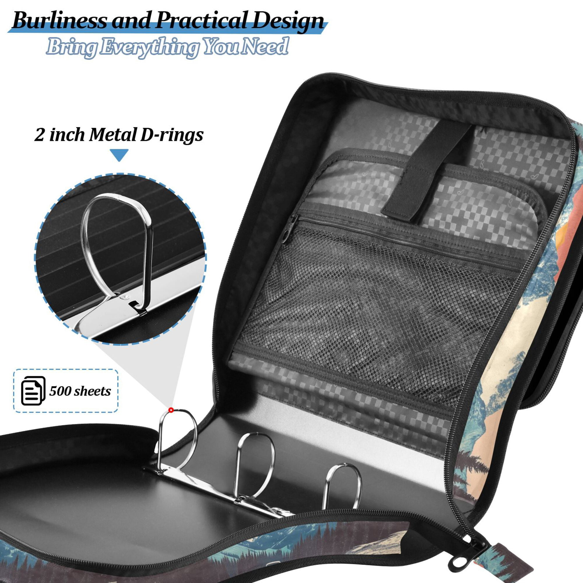 FORMRS Zipper Binder with Shoulder Strap 2-inch Ring 500 Sheet Capacity File Bag, Colorful Road at Night