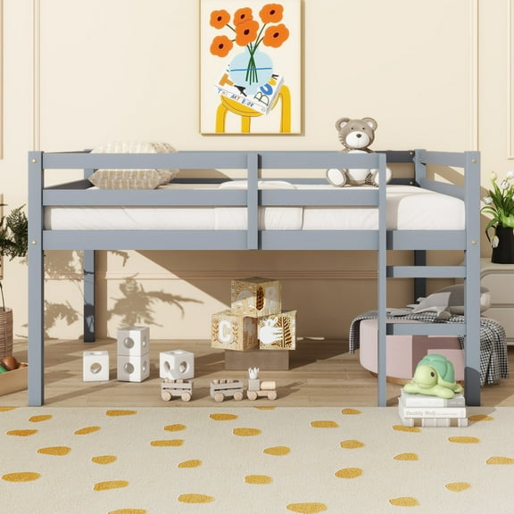 Full-Size Loft Bed with Ladder - Low-Profile Design, Full-Length Guardrail, Premium Rubberwood Construction, Space-Saving Underbed Storage, Modern Minimalist Bed Frame for Small Bedrooms