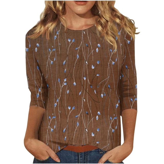 Generic Hauts à Manches 3/4 pour Femmes, Imprimé Floral Décontracté, Blouse d'Été Ample