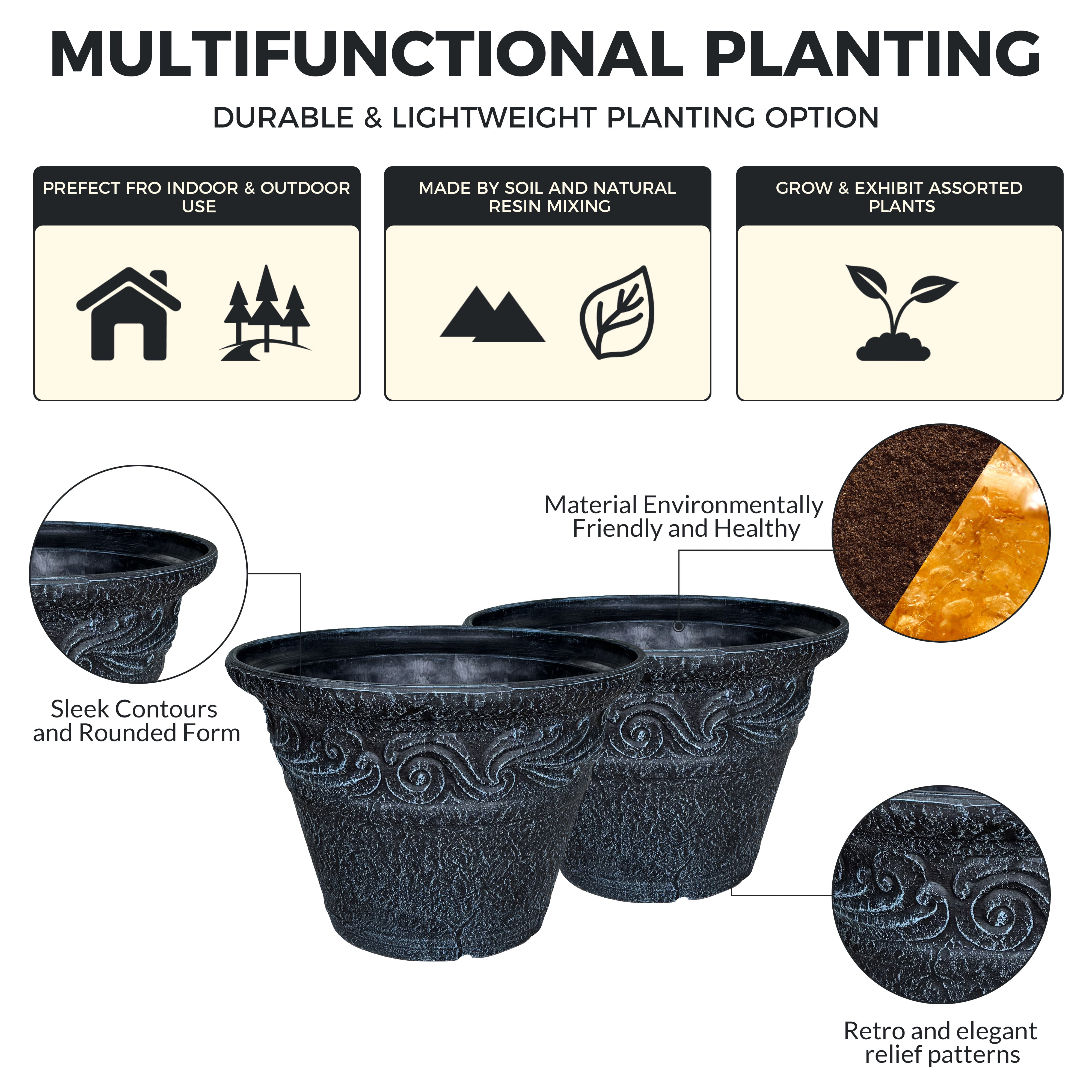 12 in. Dia Two-piece Set Of Classical Relief Flower Pots for Indoor/Outdoor Plants (Set of 2) in Dark Blue